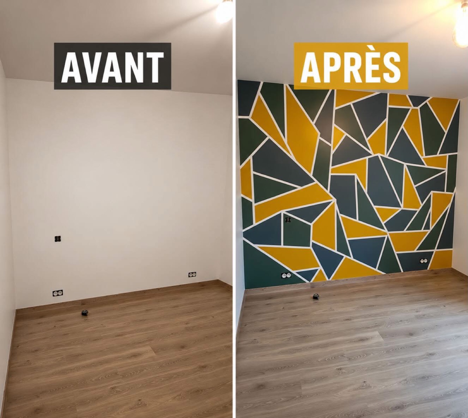 Mur peint avec motif géométrique jaune et vert, avant et après, par la SARL VIDIEU